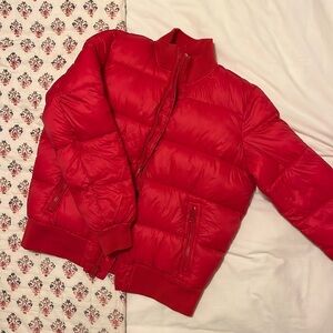 Red puffer jacket